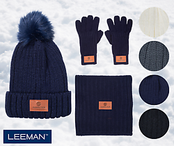 Leeman™ Three-Piece Rib Knit Fur Pom Winter Set